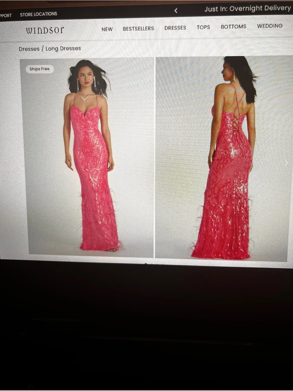 Windsor Hot Pink Sequin Lace Bustier Prom Dress - Picture 2 of 5